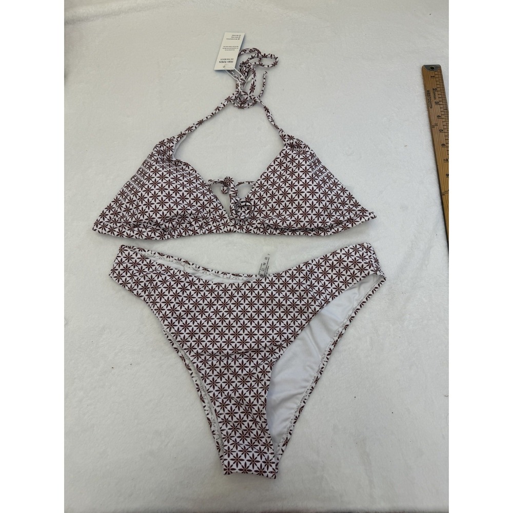 HAS TIMES Floral Triangle Halter Bikini Set 2-Piece White/Brown Size‎ MD